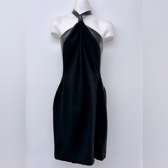 BEBE | Genuine Leather Knot Halter Black Sheath Dress - Picture 3 of 11